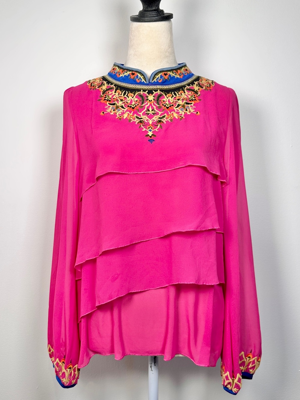 Embroidered Boho Sheer Layered Blouse in Fuchsia Pink